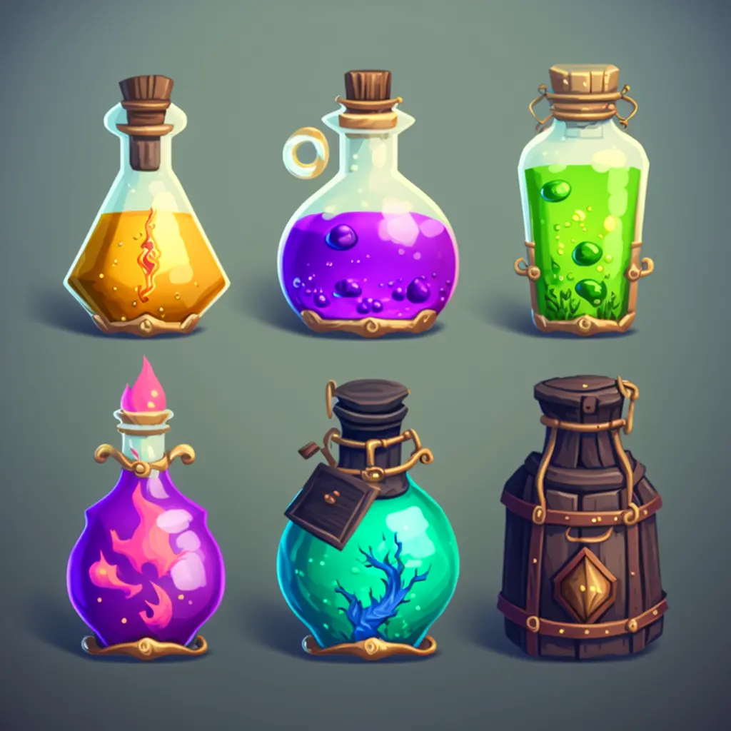 game sheet of different types of enchanted potions, light background, clay, oily, shiny, game icon, blender, style of Hearthstone